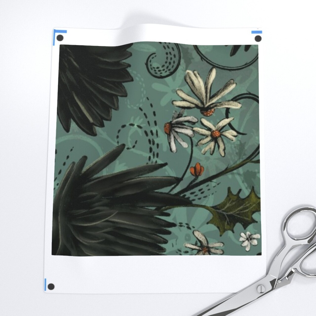 Gothic Ravens Autumn Floral Halloween Bohemian Magic Dark Moody Corvid Teal Cyan Custom Printed Fabric by Spoonflower Various Fabrics by the Yard or Fat Quarter